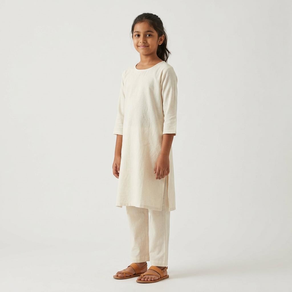 Model wearing the Girls' Plain Pure Cotton Kurti Set in Ivory