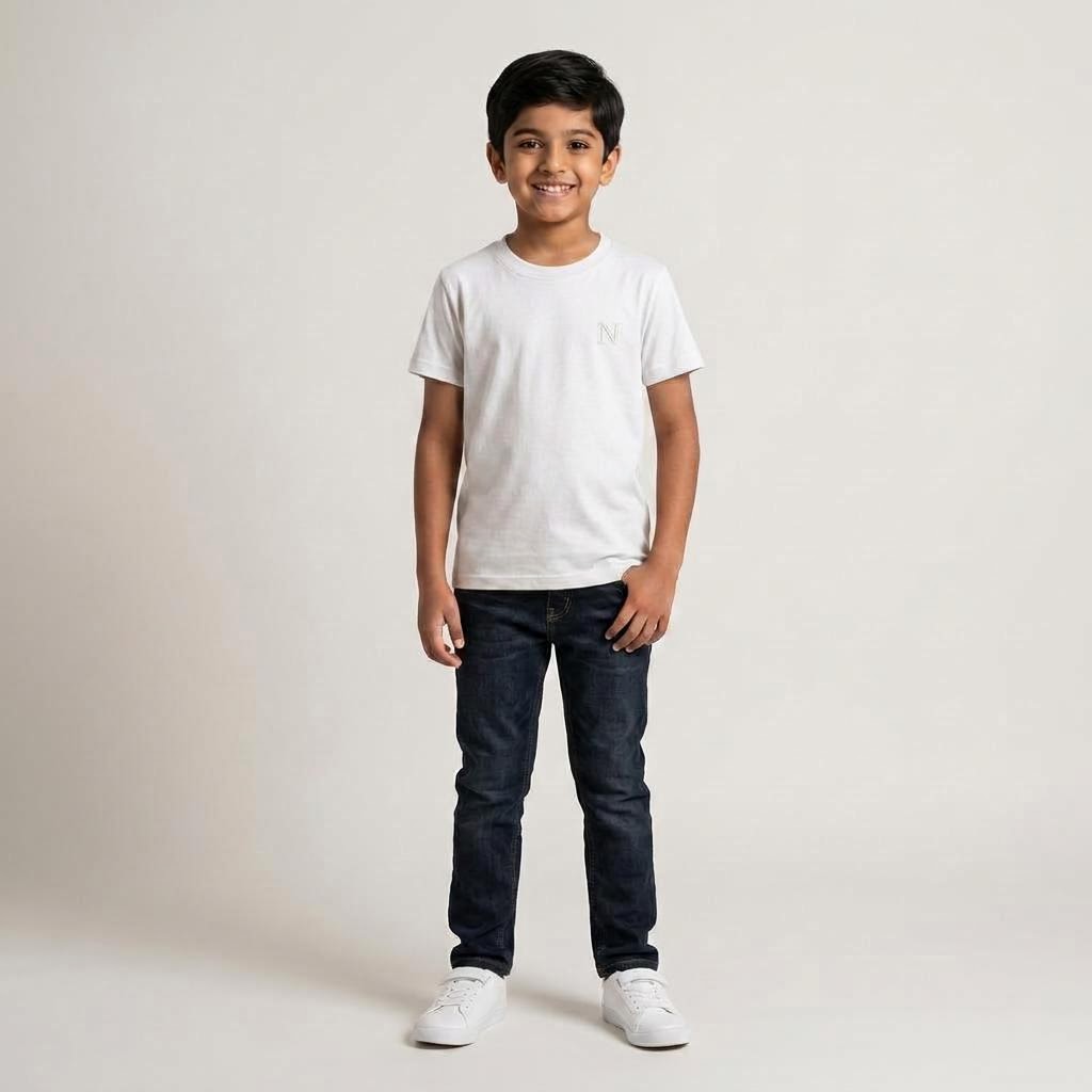 Kids' Double-Combed T-Shirt in White, model-worn view