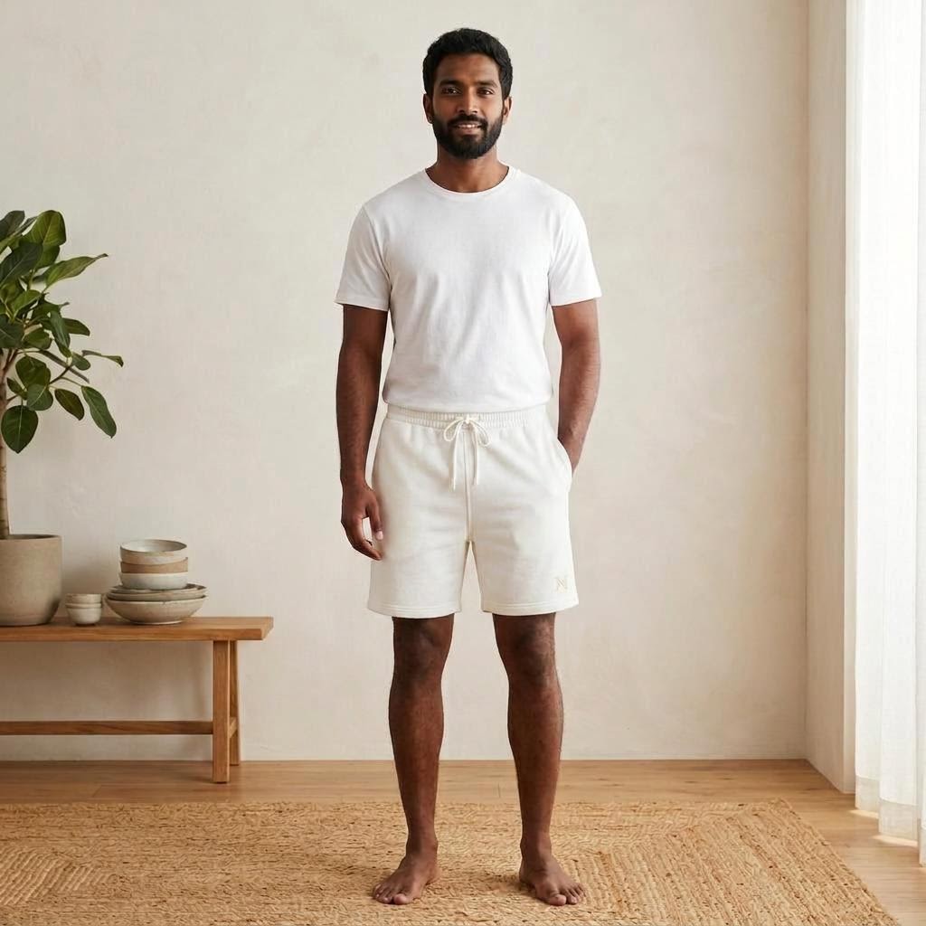 Cotton Lounge Shorts in White, model-worn view