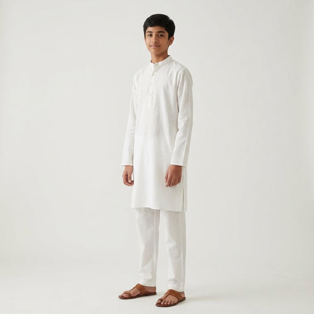 Model wearing the Teen Boys' Plain Pure Cotton Kurta-Pajama Set in White