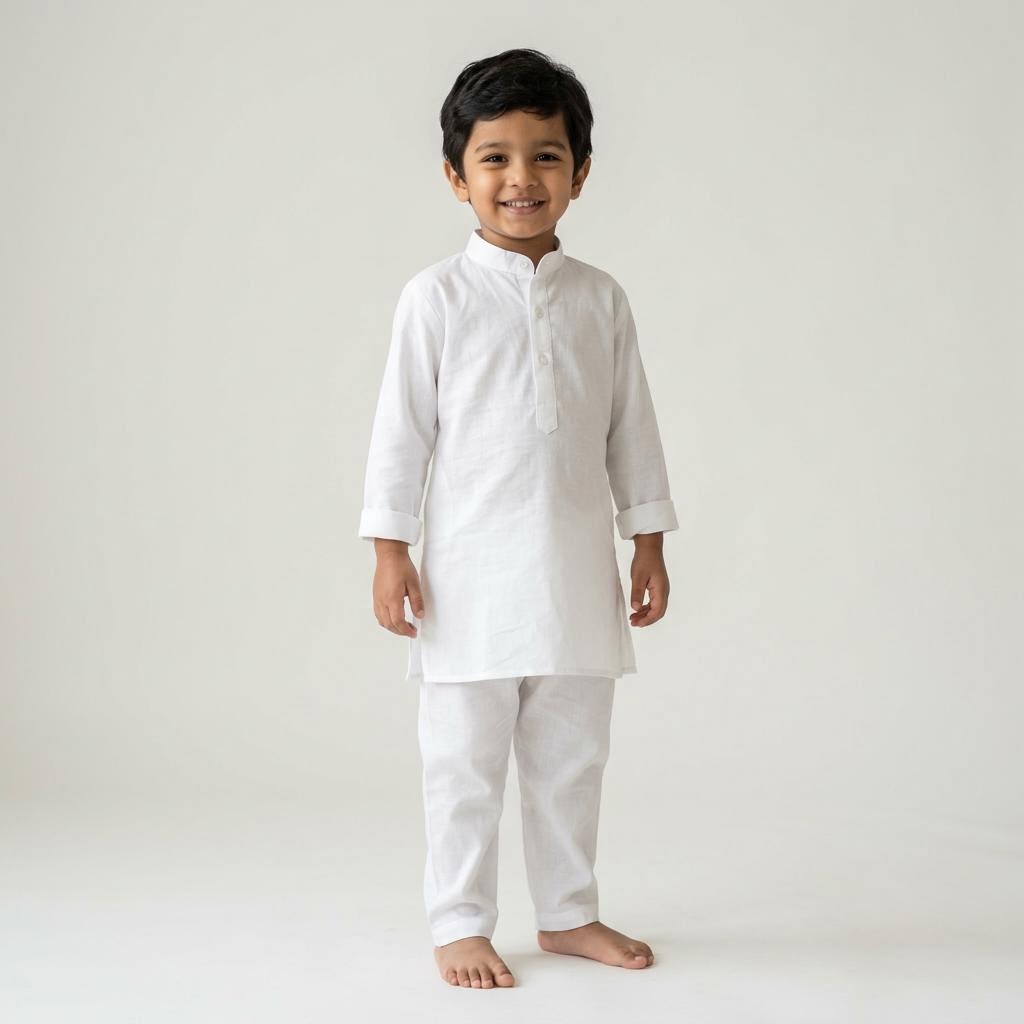Model wearing the Toddler Boys' Plain Pure Cotton Kurta-Pajama Set in White